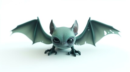 Wall Mural - Cute cartoon bat with big eyes and wings spread out. The bat is gray and has a friendly expression on its face. It is standing on a white background.