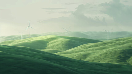 Wall Mural - A field of green grass with wind turbines in the background