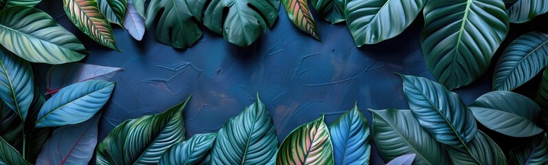 Wall Mural - Lush Green Leaves on Textured Blue Background.