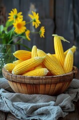 Wall Mural - Freshly Harvested Corn Cob Ears In Wooden Bowl On Rustic Table
