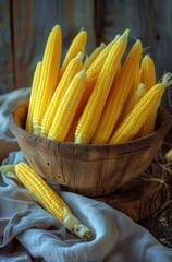 Wall Mural - Freshly Harvested Corn Cob Ears In Wooden Bowl On Rustic Table