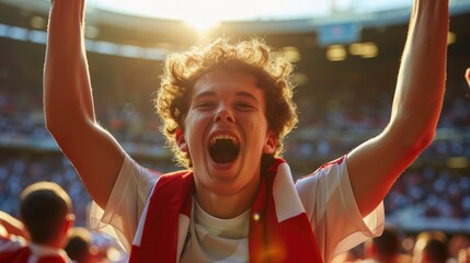 Wall Mural - A jubilant soccer fan celebrates a goal, cheering and clapping in a stadium filled with spectators during a crucial match. AIG41