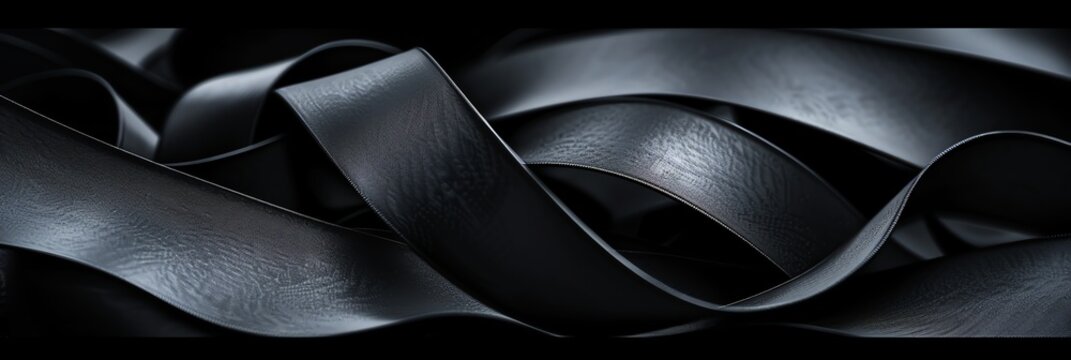 A closeup of black ribbon with intricate curves and folds, set against a dark background, creating an abstract composition that suggests depth and movement. The focus is on the texture, 3:1