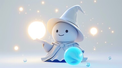 Wall Mural - A cute and friendly wizard is casting a spell. He is wearing a tall, pointed hat and a long robe.