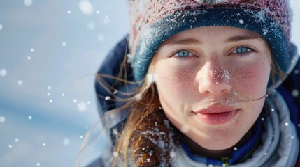 Wall Mural - The close up picture of the person looking at the camera with the white snow background in the middle of the snowy ice field, the skill require for ice field are fitness, ice safety knowledge. AIG43.