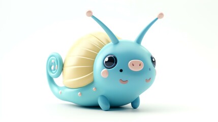 Wall Mural - Cute 3D cartoon snail with a yellow shell. The snail has big blue eyes and a pink nose. It is smiling and looks happy.