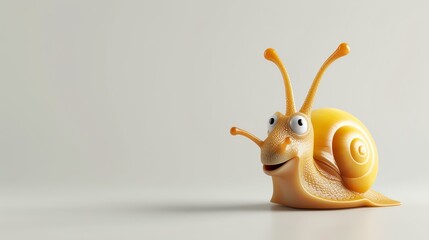 Wall Mural - Cute 3D rendering of a happy snail. The snail has a shiny, yellow shell and big, googly eyes. It is smiling and looks like it is having a great time.