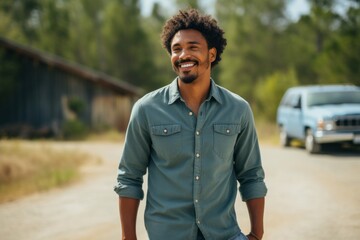 Sticker - Portrait of a glad afro-american man in his 20s sporting a versatile denim shirt in minimalist or empty room background