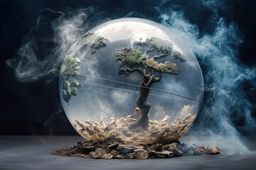 Wall Mural - A glass globe depicting Earth is encased in smoke, representing the impact of environmental catastrophe on our planet