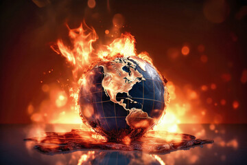 a burning globe, engulfed in flames, represents the environmental catastrophe caused by relentless r