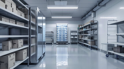 Wall Mural - A pristine industrial refrigerated room, with rows of neatly stacked shelves and a large freezer unit in the center, showcasing the organized storage of food items