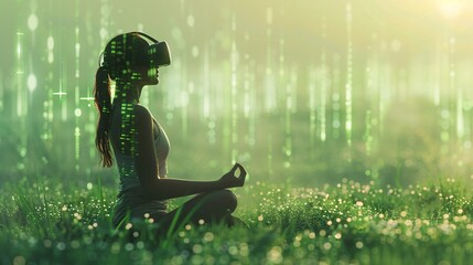 Person meditating in nature while wearing virtual reality headset, blending technology with relaxation. Green digital matrix in the background.