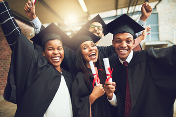Poster - Graduation, friends and celebration portrait with college, education and class event with degree. Award ceremony, student and happy people with graduate and university group with scroll and smile