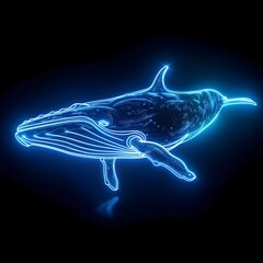 Wall Mural - Neon Whale Swimming in Glowing Vibrant Light on Black Isolated Background