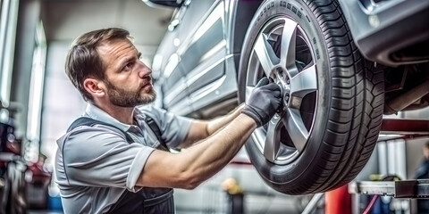 Mechanic Working on Car Tire. The technician is wearing a gray uniform and appears to be focused on the task at hand, using tools to maintain or repair the vehicle.