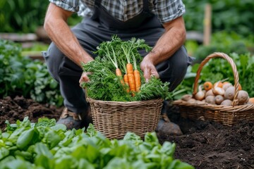 Wall Mural - Farmer Harvesting Fresh Carrots in a Garden Basket