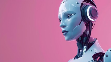 Wall Mural - Female Robot with Headphones Against a Pink Background