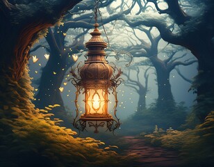  a solitary, glowing lantern suspended in a dense, mystical forest at twilight