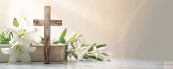 Wooden cross and bible adorned with white lily flowers for easter sunday celebration