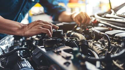 Hands-on view of an experienced mechanic working on an automobile engine with precision