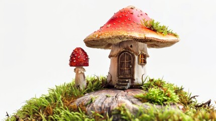 fairy house nestled in a mushroom on white background. tale story concept