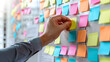 © Nate - A close-up shot of a businessman's hand placing a sticky note on a wall in a meeting room