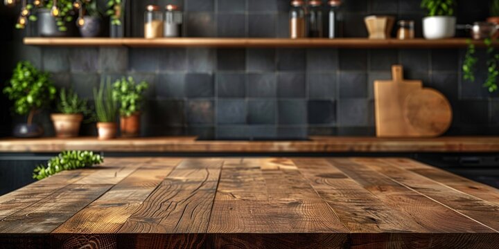 Modern kitchen with wooden countertop and dark tiles on the wall with empty space for presentation and text
