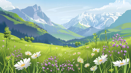 copy space, Vector illustration. View of an alpine landscape. Simple vector illustration, with meadows and some wild flowers