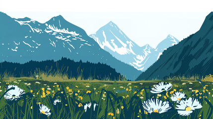 Wall Mural - copy space, Vector illustration. View of an alpine landscape. Simple vector illustration, with meadows and some wild flowers