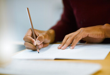 Poster - Writing, notebook and hands of person in library for university education, scholarship course or project research. Growth, studying and college student with notes, pencil and planning for exam.