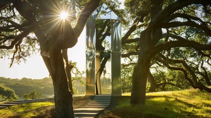 Poster - Crystal tower home, reflective surfaces, nestled between two giant oaks, sparkling in sunlight, long shot, midday brilliance. 