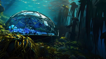 Dome-shaped glass house, nestled in a kelp forest, bioluminescent plants glowing, medium shot, twilight underwater ambiance. 