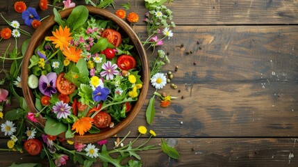 Sticker - A colorful salad bowl decorated with edible flowers sits on a rustic wooden table, creating a beautiful and artistic display of natures bounty AIG50