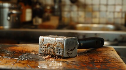 Wall Mural - Used meat tenderizer covered in bits of meat and fat. It sits on a wooden cutting board. The background is blurred.