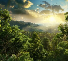 Wall Mural - Green mountain landscape, trees and vegetation, detailed, photo realistic, dramatic lighting, global illumination