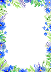 Wall Mural - floral frame blue flowers and green leaves. watercolor handdrawn illustration, isolated.