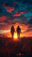 Silhouette Couple Holding Hands Walking Towards Glowing Horizon New Chapter Beginning Concept