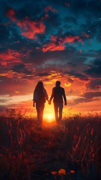Silhouette Couple Holding Hands Walking Towards Glowing Horizon New Chapter Beginning Concept