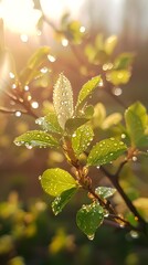 Poster - Dewy Leaves Glistening in Morning Sunlight Signifying Rejuvenation and New Growth