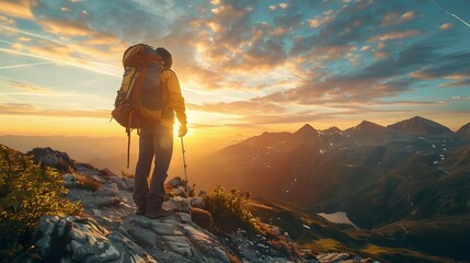 Poster - Traveler Standing at the Edge of a New Trail at Sunrise Ready for a New Journey