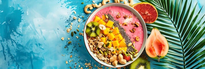tropical smoothie bowl with fruit and nuts on a blue background