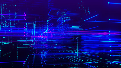 Wall Mural - Abstract digital, technology tunnel. Abstract futuristic sci-fi tunnel with grid of particles and lines. Connection and connections concept. Big data. 3D rendering.