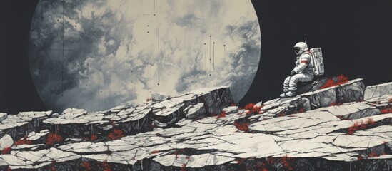 Wall Mural - mixed media artwork featuring a spaceman on the edge of a rock with copy space image available