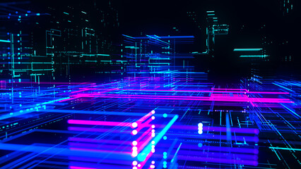 Wall Mural - Abstract digital, technology tunnel. Abstract futuristic sci-fi tunnel with grid of particles and lines. Connection and connections concept. Big data. 3D rendering.