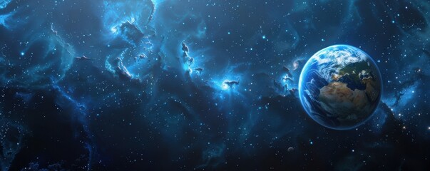 Wall Mural - a blue and white space with a large planet in the middle. the planet is surrounded by a lot of stars