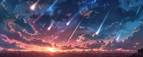 A beautiful sunset with a sky full of stars and a shooting star anime drawing. The sky is filled with clouds and the sun is setting, creating a serene and peaceful atmosphere
