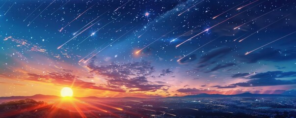 A beautiful sunset with a bright orange sun in the sky. The sky is filled with stars and a few shooting stars