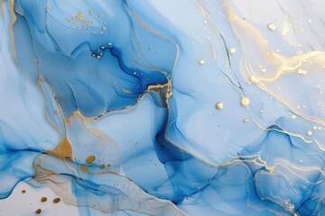 Wall Mural - a blue and gold painting with a lot of gold splatters. the blue and gold colors create a sense of de