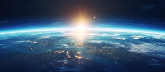Wall Mural - global view of planet earth with the sun in the background perfect for copy space image