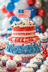 Wall Mural - Independence day american flag cake with patriotic red, white, and blue frosting and sprinkles